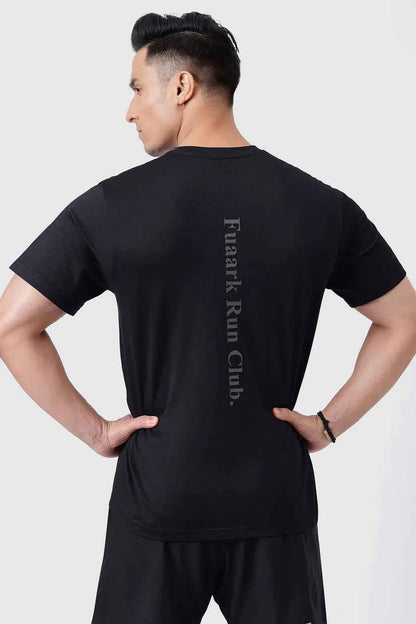 Black Pulse Running T-shirt by Fuaark NZ, lightweight athletic T-shirt with a sleek design and breathable fabric.