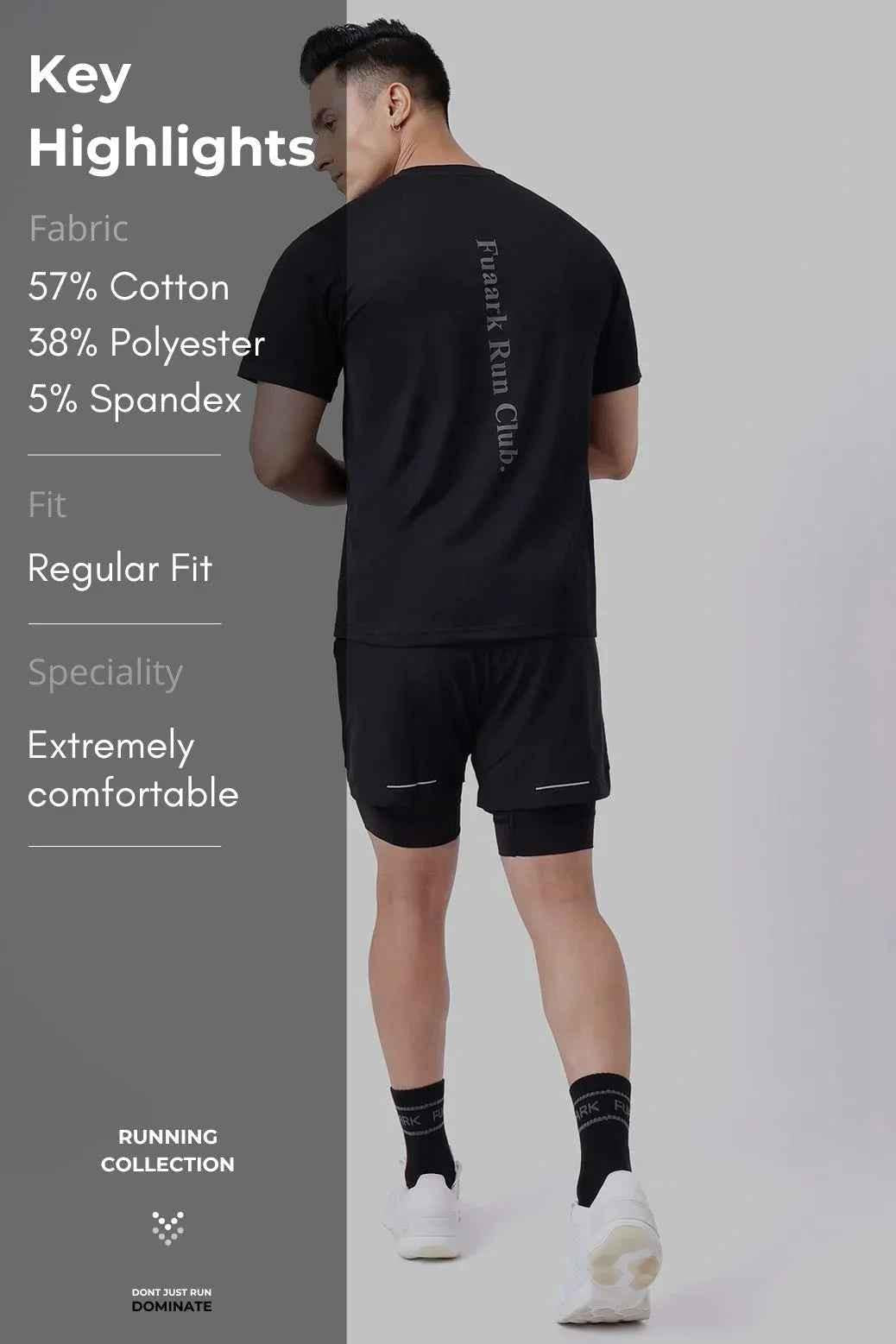 Black Pulse Running T-shirt by Fuaark Nz, showing a fitted athletic T-shirt with breathable fabric and sleek design.