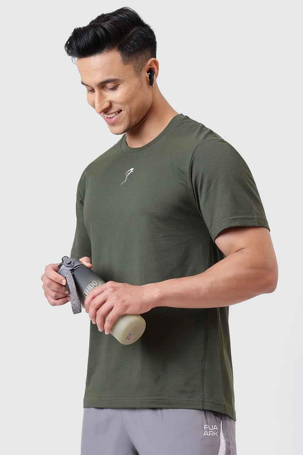 Olive green Pulse Running T-shirt by Fuaark Nz, lightweight athletic T-shirt with breathable fabric for running and active wear.
