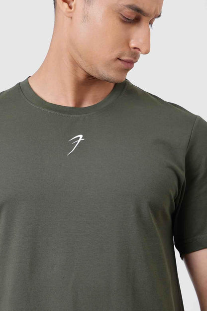 Olive green Pulse Running T-shirt by Fuaark NZ, made of lightweight fabric, displayed on a plain background.