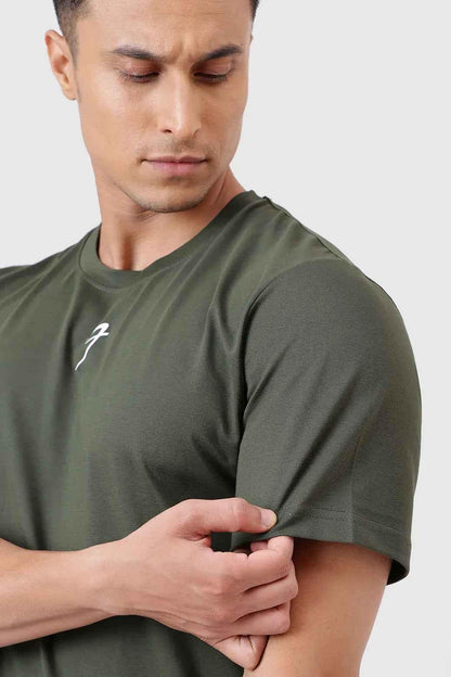 Olive green Pulse Running T-shirt by Fuaark Nz, lightweight athletic tee with breathable fabric, front logo design.