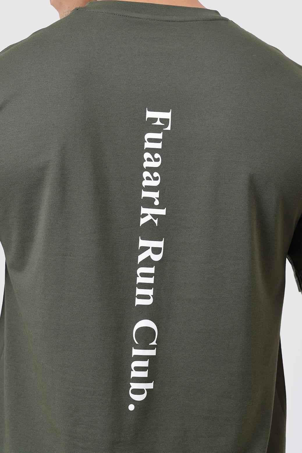 Olive green Pulse Running T-shirt by Fuaark Nz, lightweight athletic T-shirt with breathable fabric and crew neck design.