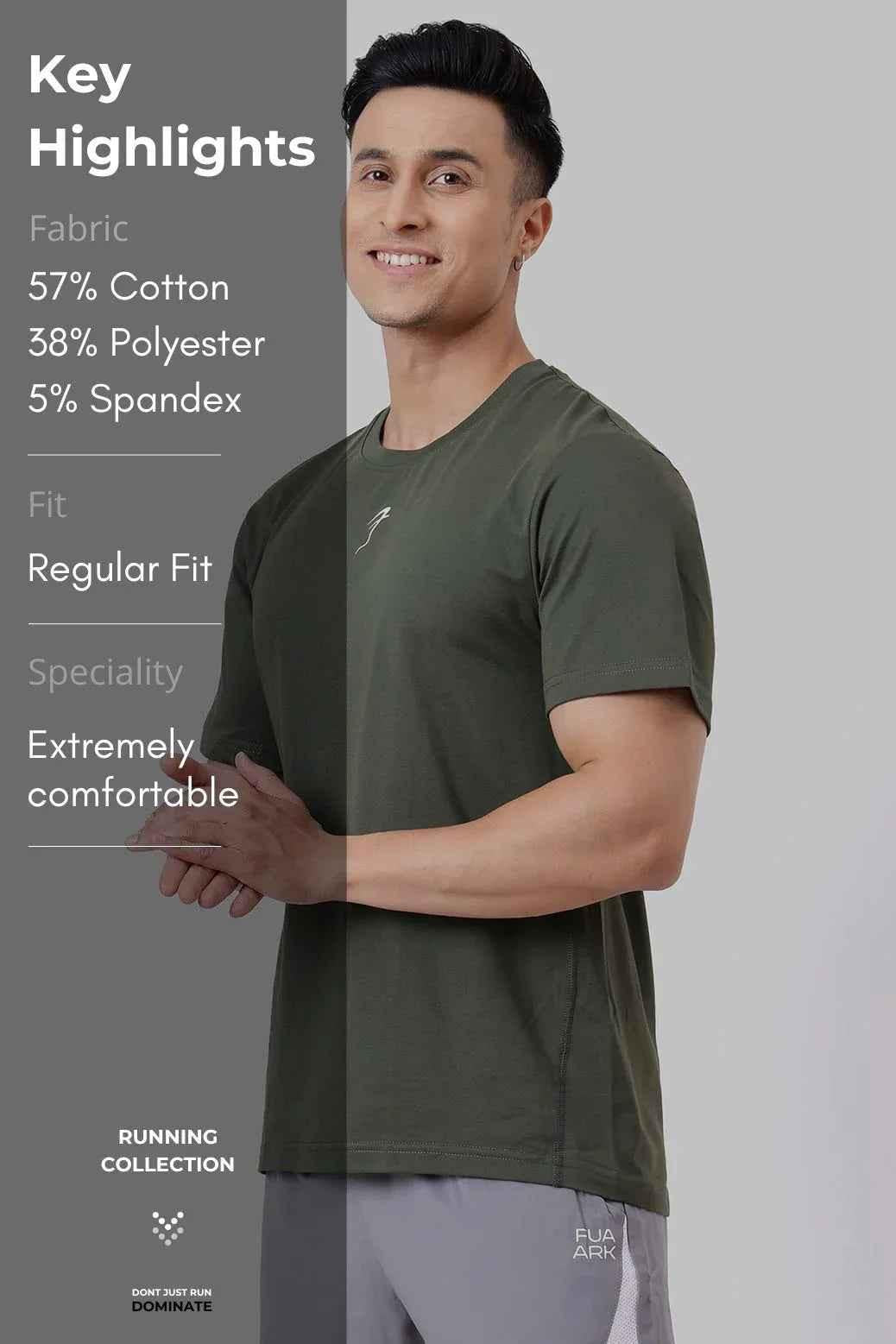 Olive green Pulse Running T-shirt by Fuaark Nz, casual athletic shirt with breathable fabric and sporty fit.