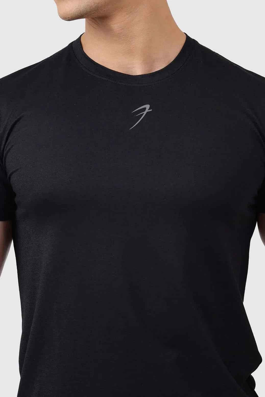 Black Pulse T-shirt by Fuaark Nz, plain casual t-shirt with round neckline and short sleeves, displayed flat.