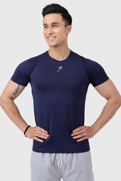 Navy Pulse T-shirt by Fuaark Nz, casual men's T-shirt with a round neck and short sleeves, displayed on a plain background.