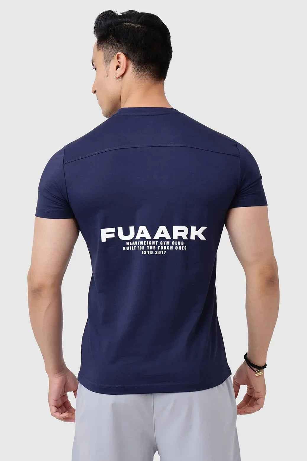 Navy Pulse T-shirt by Fuaark Nz, casual short-sleeve tee with a fitted design and round neckline, displayed flat.