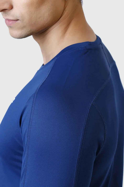 Blue Rush full-sleeve T-shirt by Fuaark NZ, shown flat with sleeves extended and collar visible.