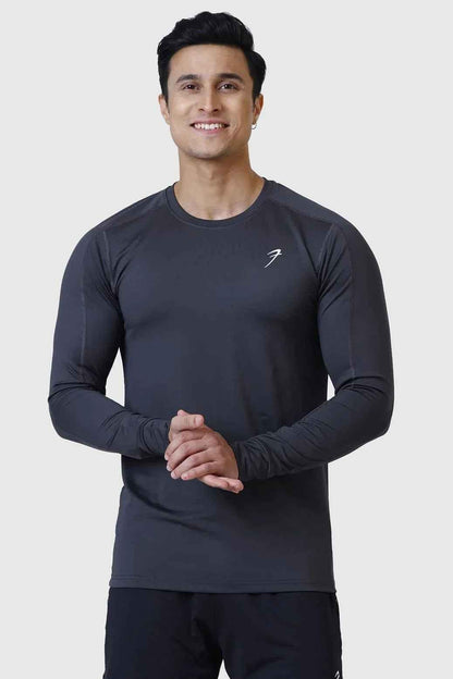 Dark grey Rush full-sleeves T-shirt by Fuaark NZ, shown flat with visible crew neckline and soft fabric texture.