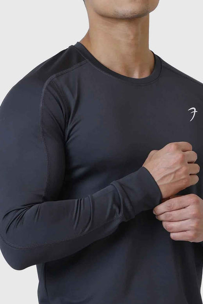 Dark grey Fuaark Nz Rush fullsleeves T-shirt with crew neck and fitted design, shown on a plain background.