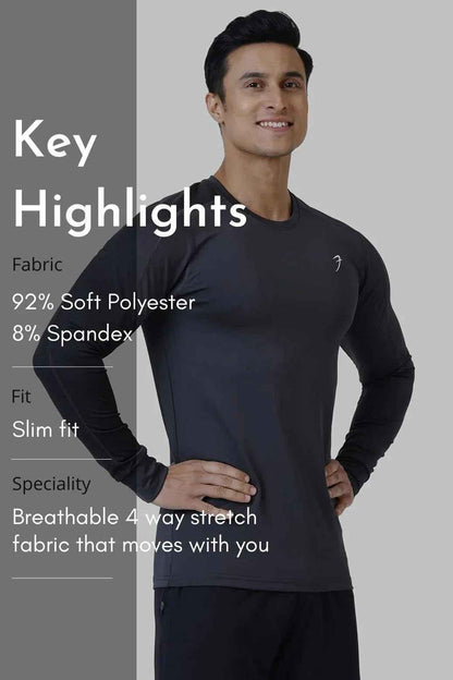 Dark grey Rush fullsleeves T-shirt by Fuaark Nz, shown flat with visible crew neckline and long sleeves.