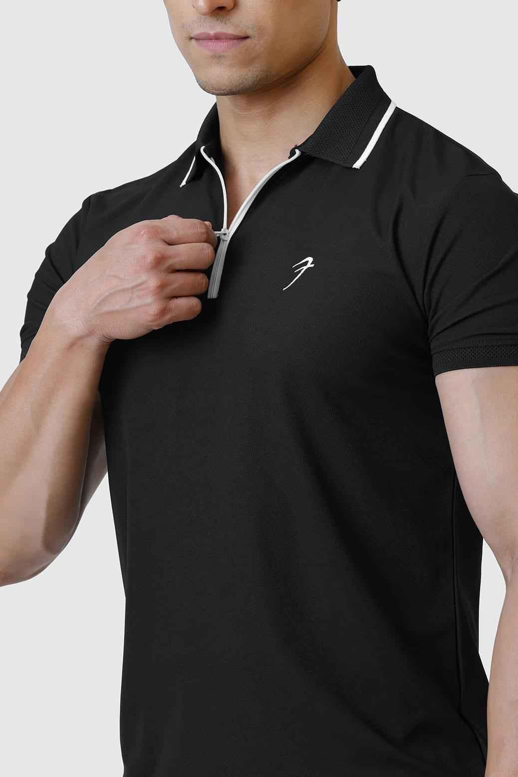 Black Fuaark Nz Stride Polo T-shirt, casual short-sleeve shirt with collar, displayed on a plain background.