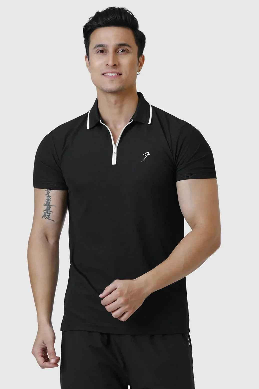 Black Fuaark Nz Stride Polo T-shirt for men, showing a comfortable fit and classic polo collar.