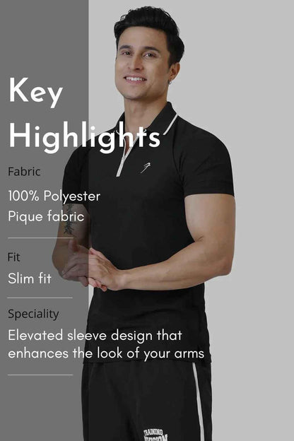 Black Fuaark Nz Stride Polo T-shirt laid flat, showing the classic collar and short sleeves on a white background.
