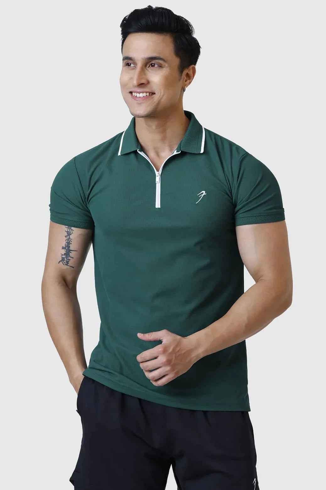 Green Fuaark Nz Stride Polo T-shirt displayed flat with collar and short sleeves, made from comfortable fabric.