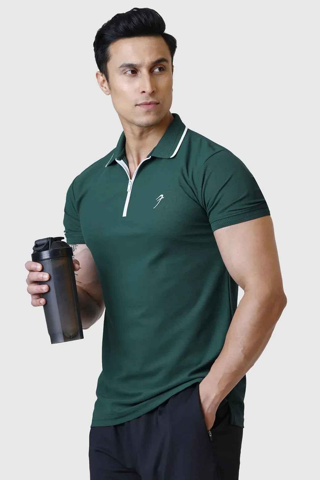 Green Fuaark Nz Stride Polo T-shirt displayed flat with short sleeves and collar, showcasing its casual, stylish design.