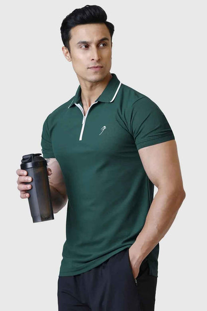 Green Fuaark Nz Stride Polo T-shirt displayed flat with short sleeves and collar, showcasing its casual, stylish design.