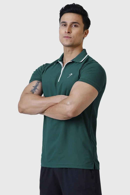 Green Fuaark Nz Stride Polo T-shirt displayed flat with short sleeves and collar, showcasing its casual style and soft fabric.