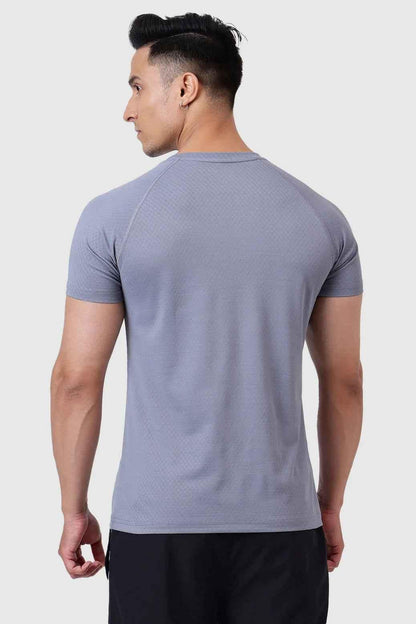 Fuaark Nz stylish grey grain T-shirt displayed on a hanger, showcasing its casual fit and textured fabric for everyday wear.