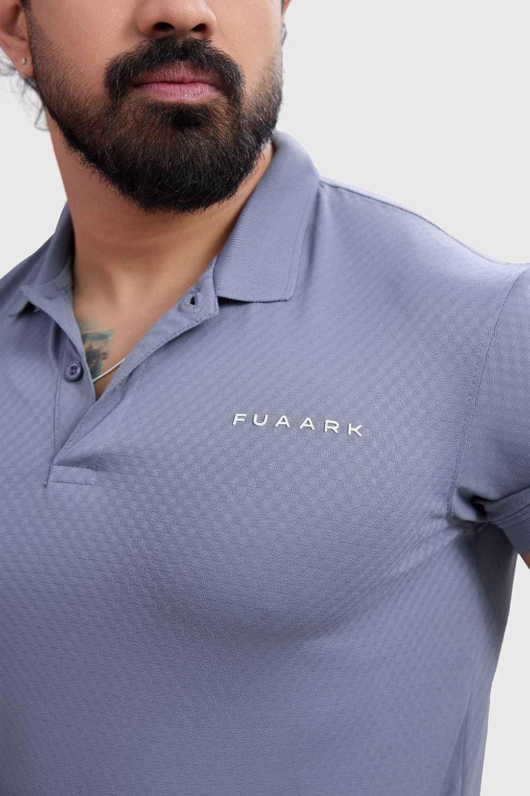Grey Wave Polo T-shirt by Fuaark Nz, displayed flat showing the classic polo collar and short sleeves.