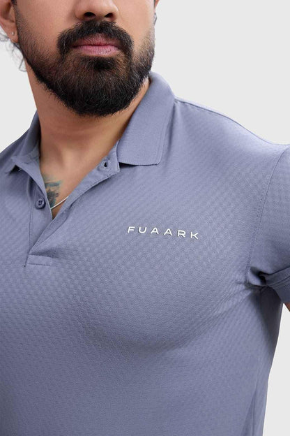 Grey Wave Polo T-shirt by Fuaark Nz, displayed flat showing the classic polo collar and short sleeves.