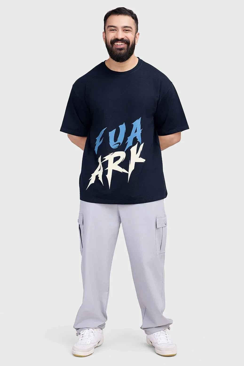 Fuaark Nz navy oversized T-shirt with edge design, casual fit, lightweight fabric, and relaxed style for effortless everyday wear.