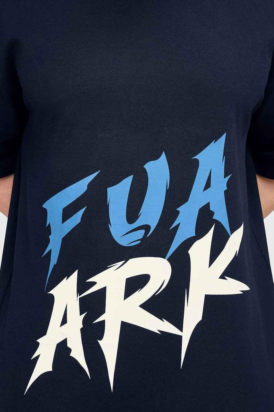 Navy Edge oversized T-shirt by Fuaark Nz, casual fit, made from soft fabric, displayed flat with rolled sleeves.
