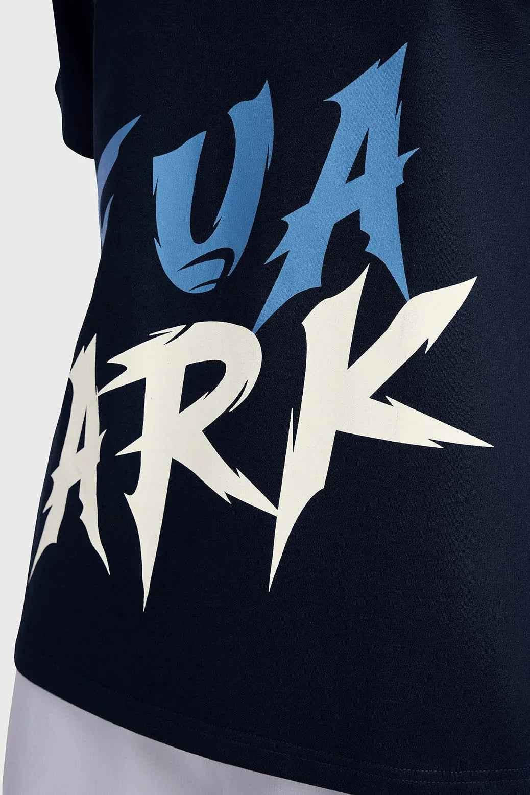 Navy oversized T-shirt from Fuaark Nz with edge design, casual fit, and effortless style, shown on a plain background.