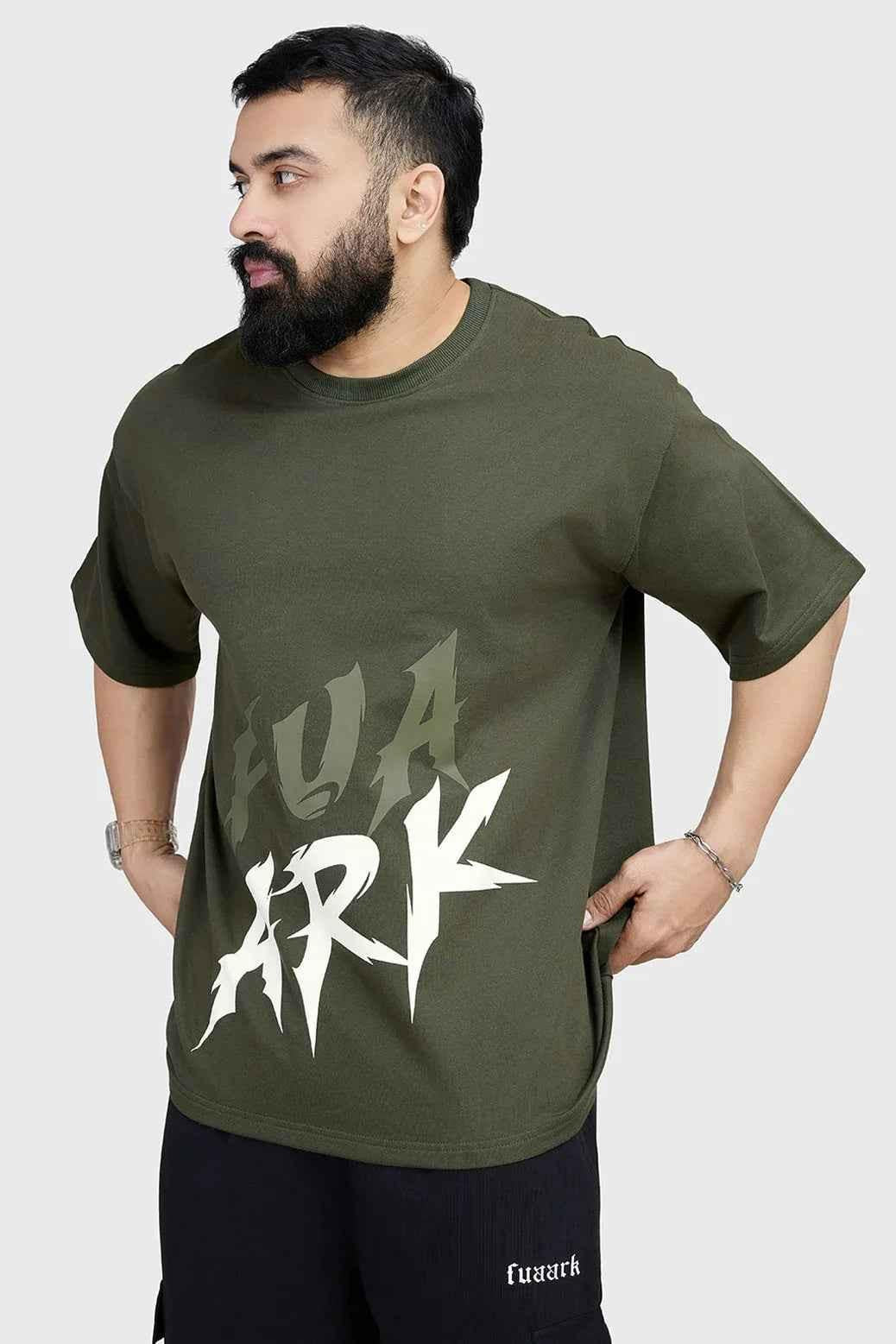 Olive oversized T-shirt from Fuaark Nz, casual style, relaxed fit, featuring a soft fabric and modern design.