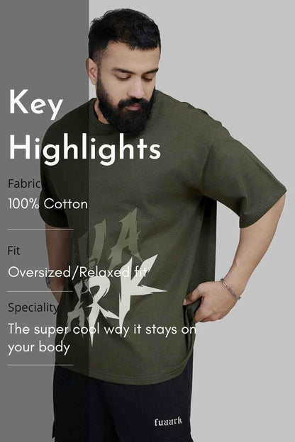 Oversized olive T-shirt by Fuaark Nz, casual fit, soft fabric, displayed on a hanger showing relaxed style and comfortable design.