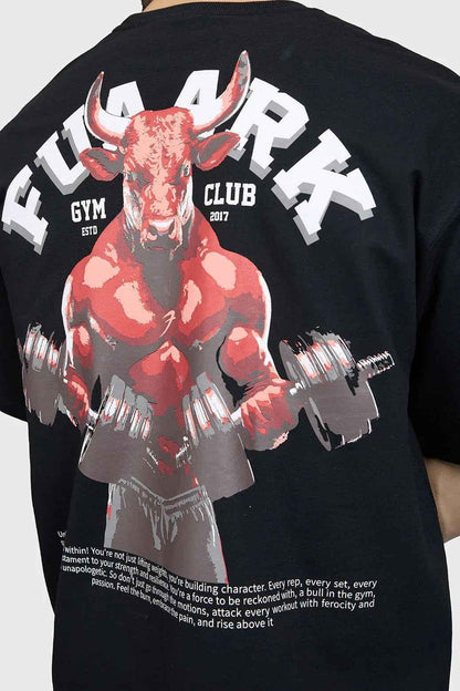 Black oversized Fuaark Nz Bull T-shirt, stylish and comfortable for casual wear, featuring a bold graphic design.