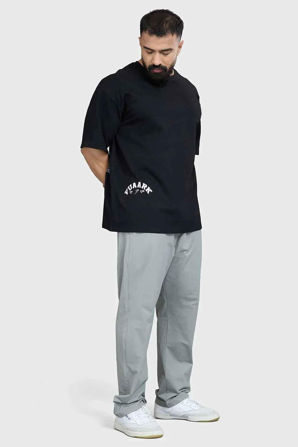 Black oversized Bull T-shirt by Fuaark Nz, featuring bold graphic design and relaxed fit for casual style.