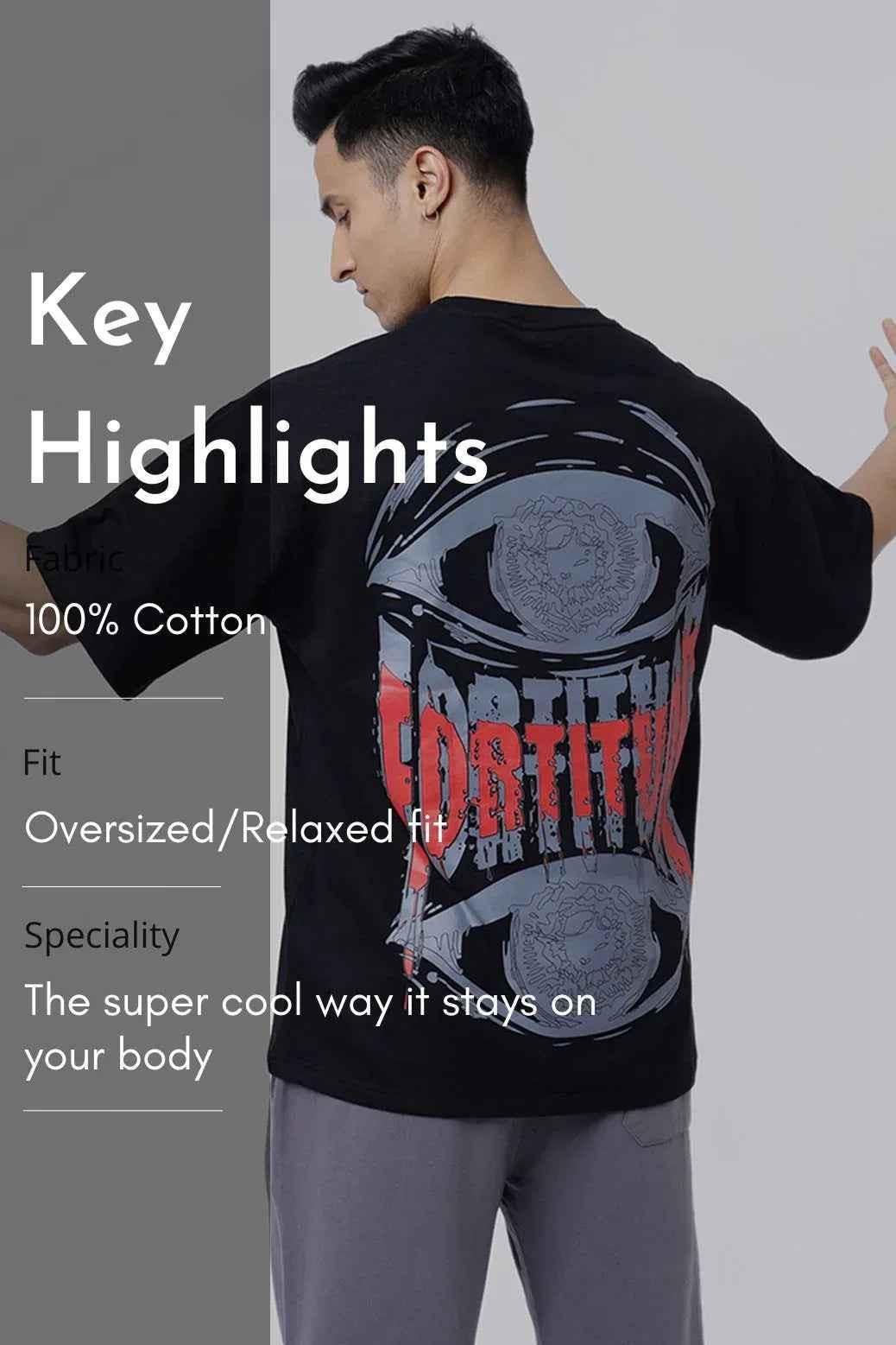 Black Fortitude oversized T-shirt by Fuaark Nz, casual fit, soft fabric, styled with a relaxed look.