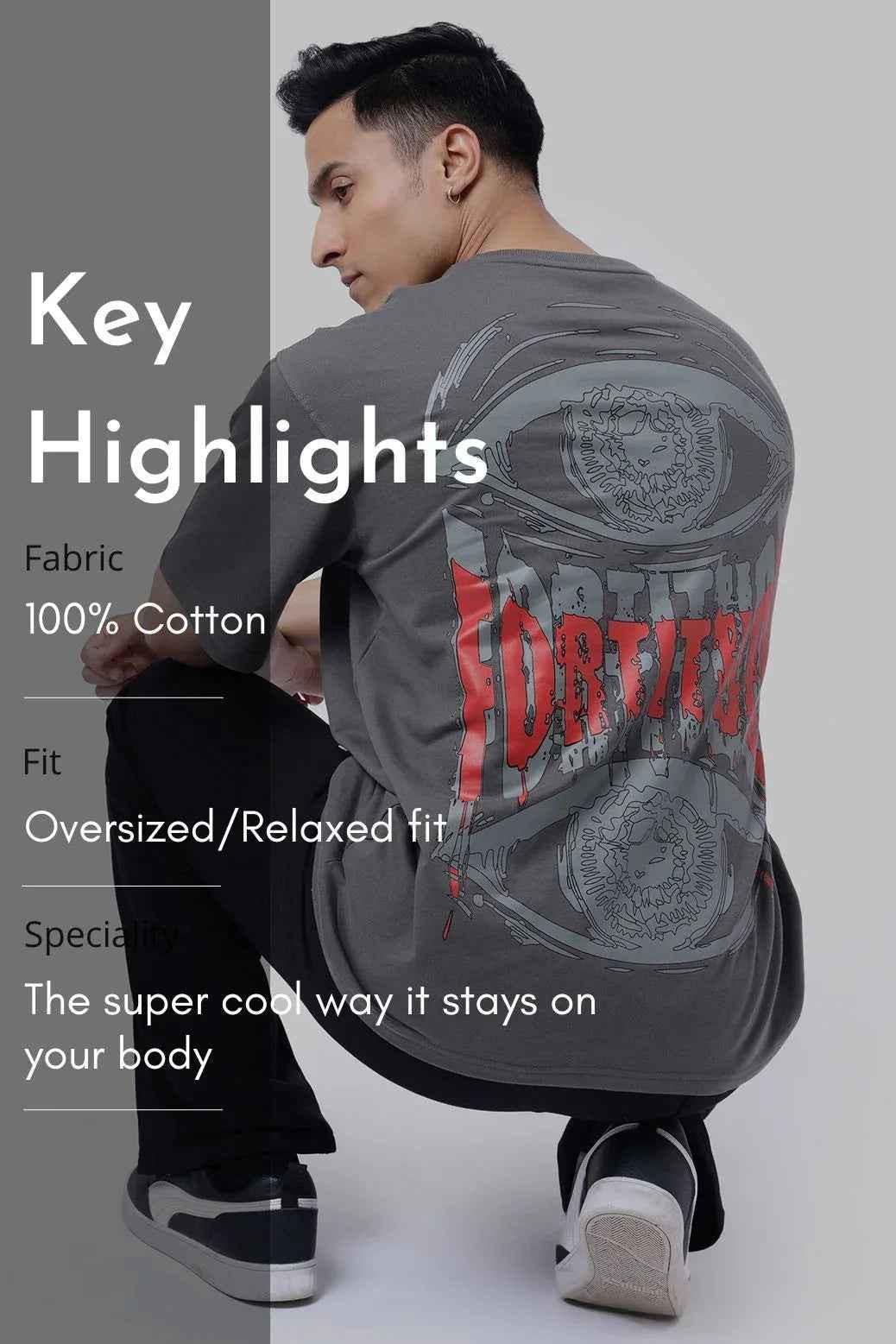 Fuaark NZ Fortitude oversized T-shirt in dark grey with bold graphic, soft and breathable cotton fabric, relaxed fit.