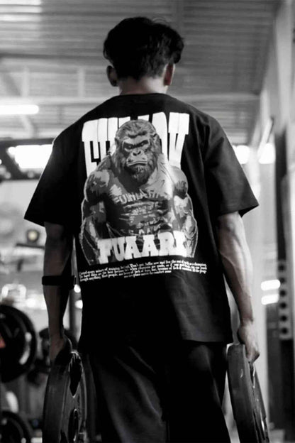 Fuaark Nz oversized black Gorilla T-shirt, heavyweight streetwear fit, relaxed casual style, made of premium fabric.