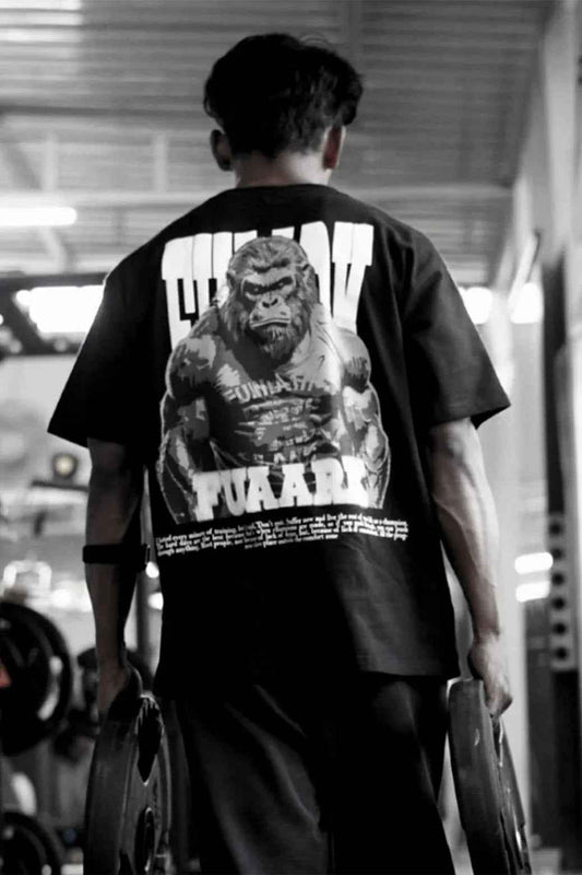 Fuaark Nz oversized black Gorilla T-shirt, heavyweight streetwear fit, relaxed casual style, made of premium fabric.