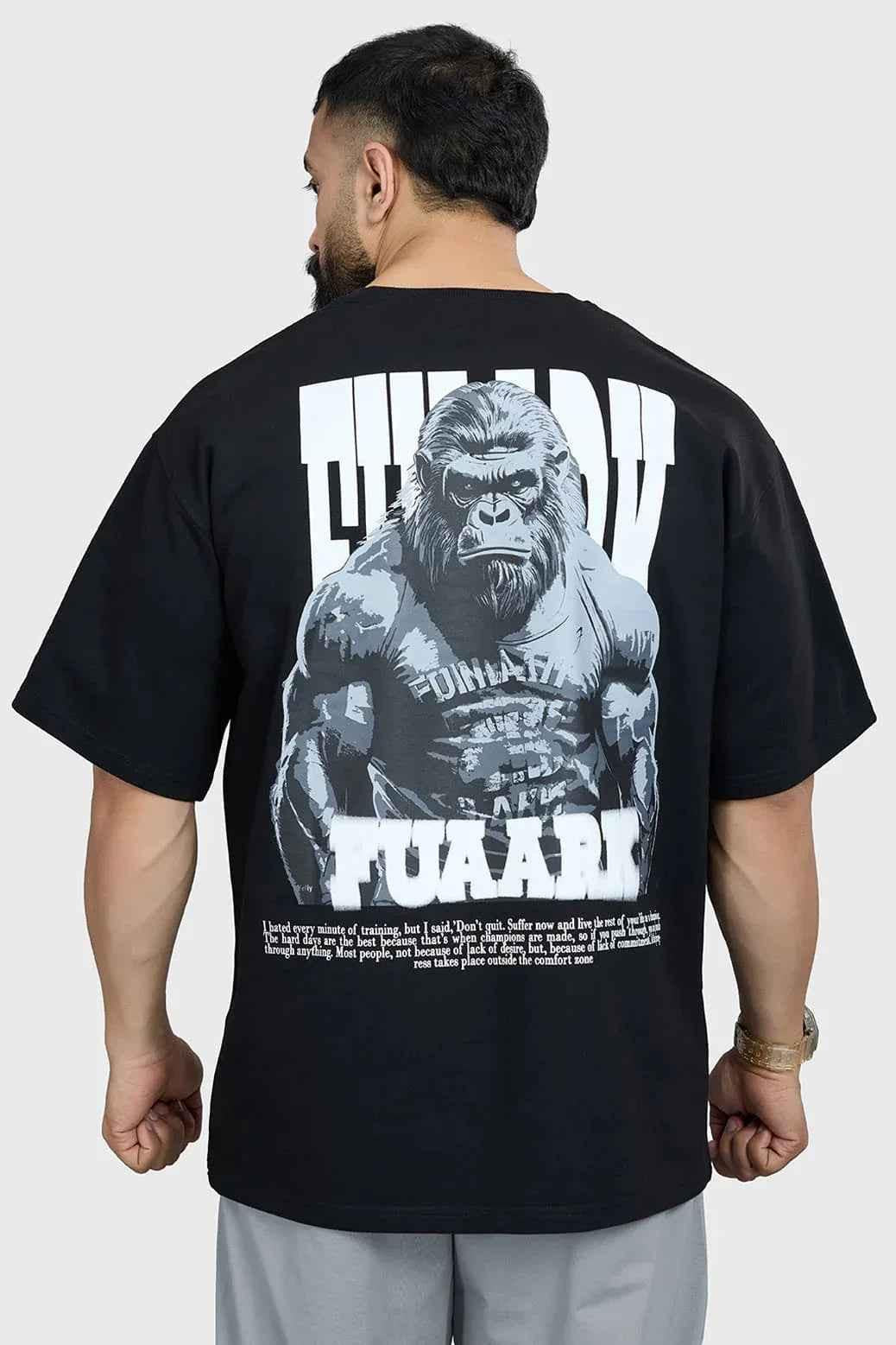 Black Gorilla oversized T-shirt by Fuaark Nz, premium heavyweight streetwear tee with a relaxed fit, shown on a model.