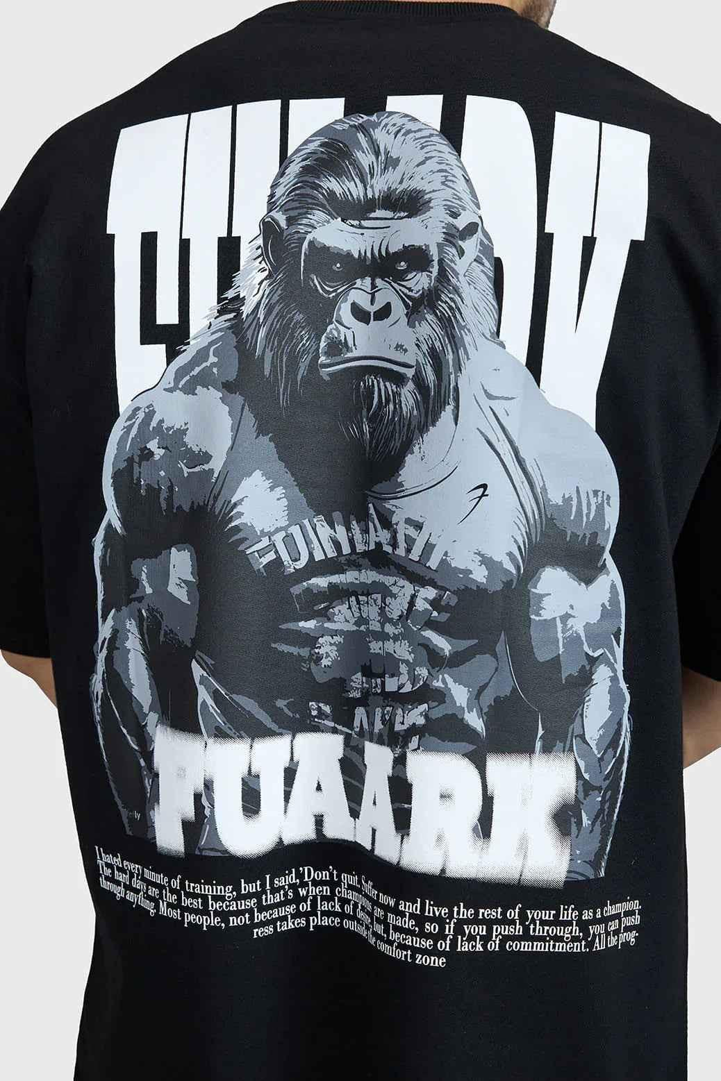 Fuaark NZ oversized black T-shirt featuring a gorilla graphic, premium heavyweight fabric, relaxed streetwear fit, casual style.