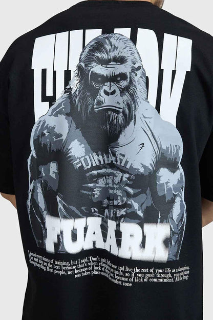 Fuaark NZ oversized black T-shirt featuring a gorilla graphic, premium heavyweight fabric, relaxed streetwear fit, casual style.
