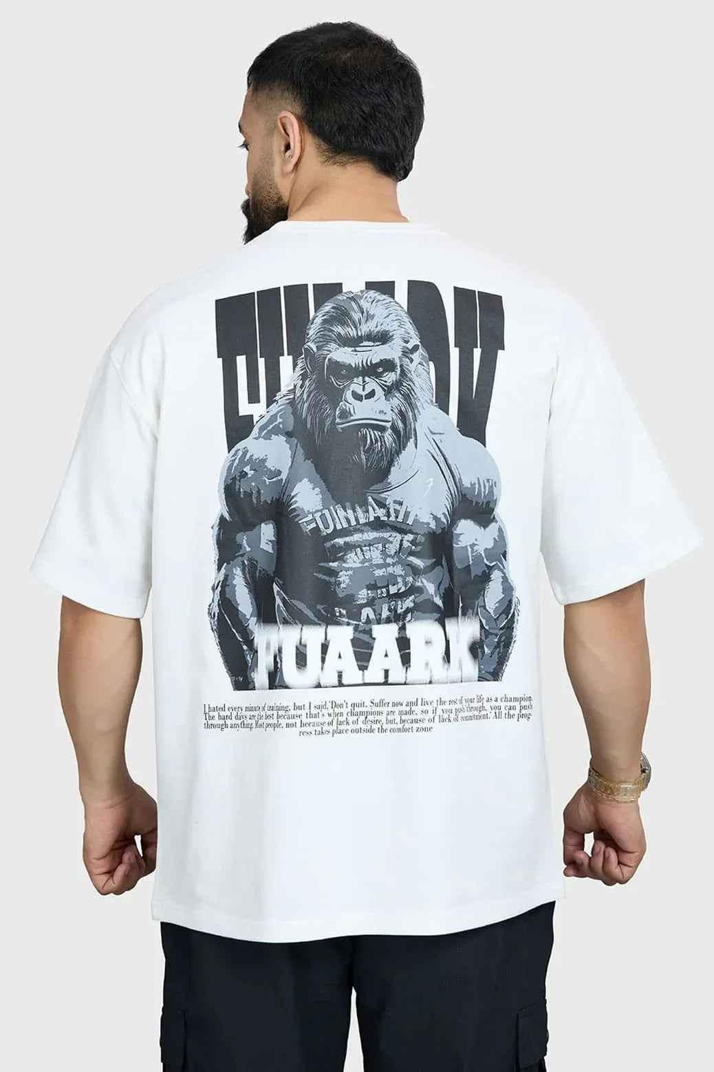 White oversized Gorilla T-shirt from Fuaark Nz featuring a bold graphic design and relaxed fit.