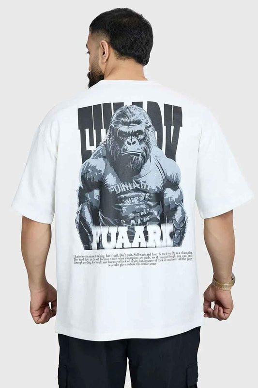 White oversized Gorilla T-shirt from Fuaark Nz featuring a bold graphic design and relaxed fit.