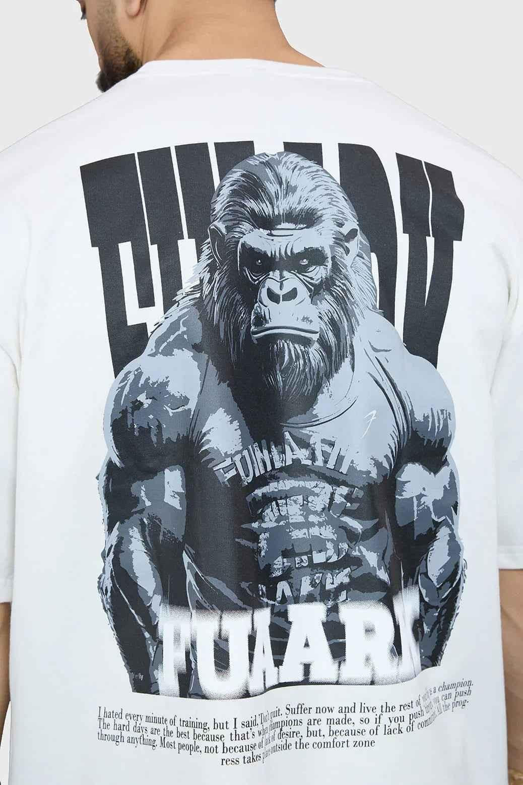 White Gorilla Oversized T-shirt by Fuaark Nz, featuring a relaxed fit and bold graphic design, shown on a model.