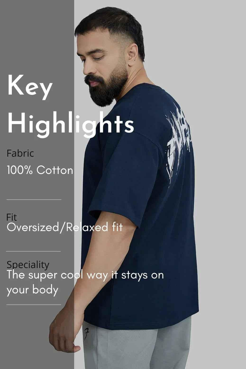 Fuaark Nz men's navy Ignite oversized T-shirt, casual fit, soft fabric, front logo design, stylish and comfortable for everyday wear.