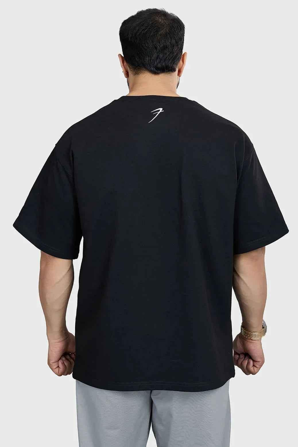 Fuaark Nz Levitate oversized black T-shirt for men, casual fit with graphic print, made from soft comfortable fabric.