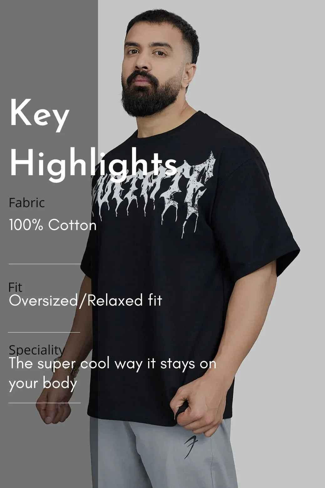 Black Levitate Oversized T-shirt by Fuaark Nz, featuring a relaxed fit and casual style, shown on a model.