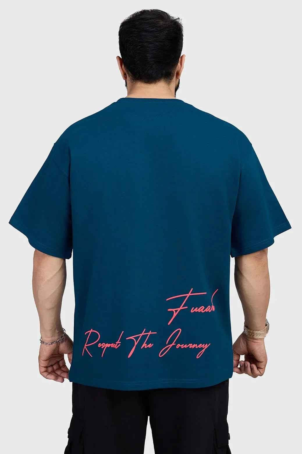 Fuaark Nz oversized teal Respect The Journey T-shirt featuring a relaxed fit and stylish design, ideal for casual wear.