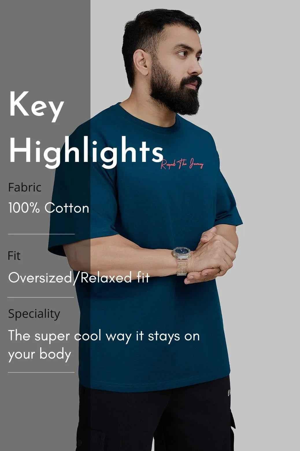Fuaark Nz oversized teal Respect The Journey T-shirt, casual style, soft fabric, relaxed fit, long sleeves, front graphic design.