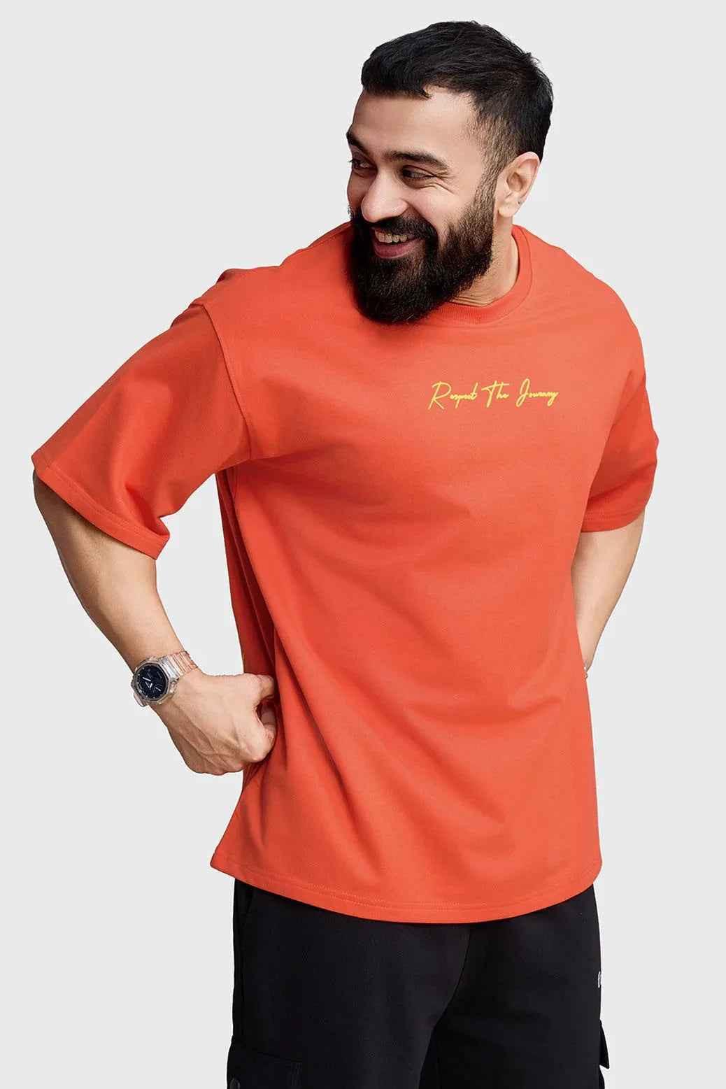 Orange oversized T-shirt by Fuaark Nz featuring the "Respect The Journey" design, casual fit, and comfortable fabric.