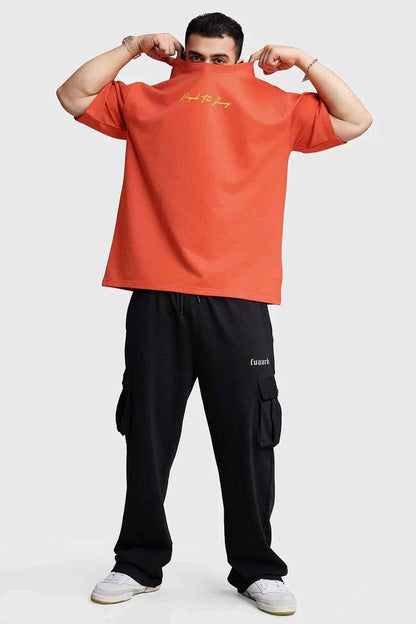 Orange oversized T-shirt from Fuaark Nz with "Respect The Journey" print, casual fit, and comfortable cotton fabric.