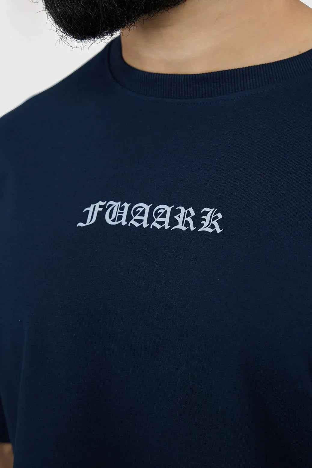 Navy oversized T-shirt by Fuaark Nz featuring a bold sword graphic, casual fit, and soft fabric, ideal for streetwear style.