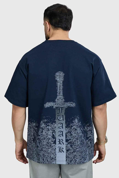 Navy oversized T-shirt from Fuaark Nz featuring a bold sword graphic on soft cotton fabric.
